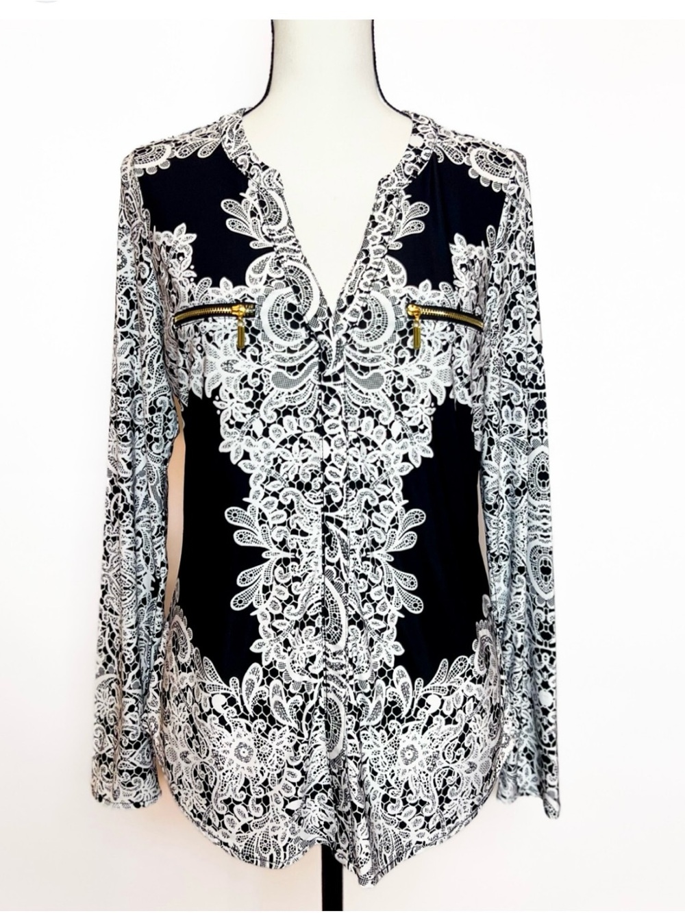INC Whimsigoth Lace Print Blouse Small NWOT Black White Zip Pocket Mob Wife